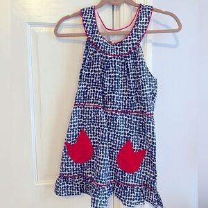 Blue and White Polka Dot Dress with Red Accents